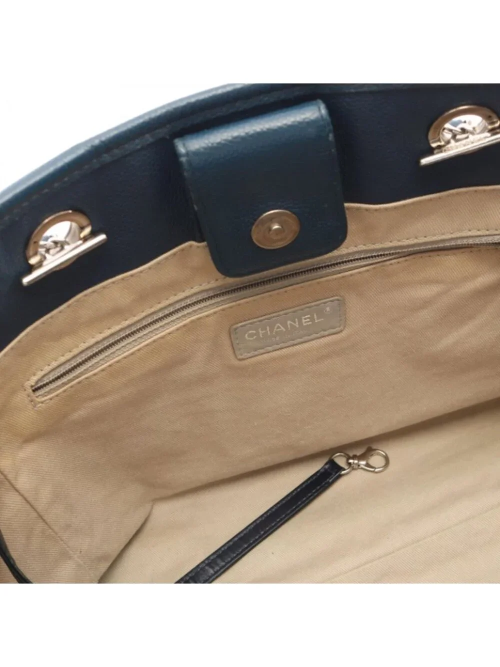 Chanel Tote Bag Deauville Dark Navy Leather Caviar Chain Shoulder Back